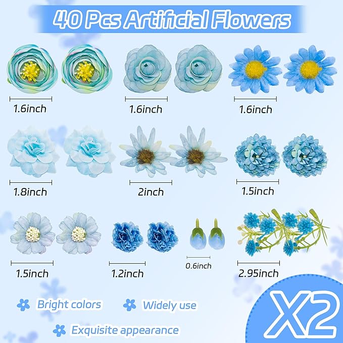 Mini Silk Flower Heads Craft Flowers Faux Daisy, 40 Pcs Artificial Flowers Fake Rose for Crafts, Artificial Daisies Flower Heads Small Flower for Wedding Party Cap Hair Decoration (Light Blue)
