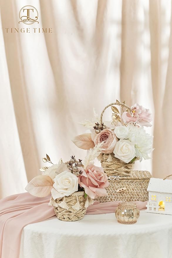 TINGE TIME Artificial Flowers Combo Mix Silk Flowers Pink Roses w/stem for DIY Wedding Bridal Bouquets Baby Shower Floral Arrangement Table Centerpieces Home Decorations (Dusty Rose & Champange)