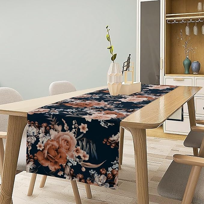 Vintage Flower Table Runner, Boho Black Dark Floral Plant Bohemian Watercolor Spring Garden Botanical Art Table Cover for Holiday Farmhouse Kitchen Dining Table Decor, 13x120inch