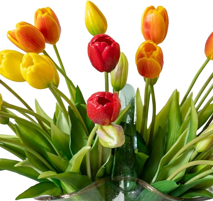 40pcs Artificial Tulips Flowers, Real Touch Latex Bouquet, Fake Tulips for Office Wedding Party Home Kitchen Garden Decoration-B Red Suit