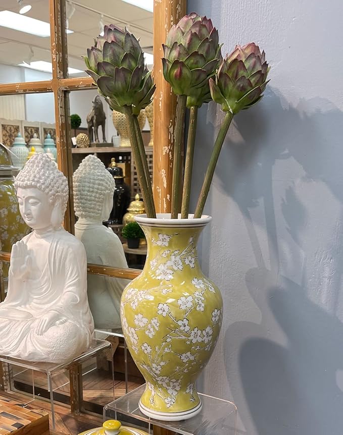 Galt International 14” Hand Painted Chinoiserie Ceramic Vase – Antique Style Porcelain Flower Bottle by Galt International, Fishtail Chinese Vase for Home Decor & Centerpiece - Yellow and White Sakura
