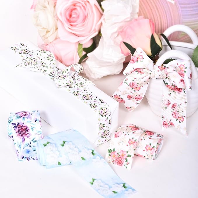 Floral Grosgrain Ribbon, 5 Rolls Flower Pattern Ribbon Spring Summer Fabric Decorative Craft Ribbon Roll for Gift Wrapping Decor Hair Bow Sewing Wreath Crafts (Mixed Color, 7/8Inch X 20Yards)