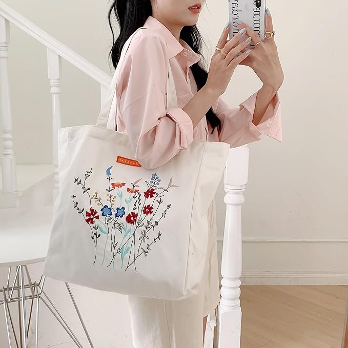 Cotton Canvas Tote Bag Reusable Soft Grocery Cloth Bag Floral Shoulder Bag for Beach Travel Shopping