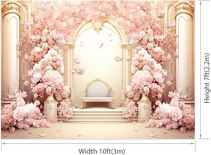 AOFOTO 10x7ft Wedding Backdrop Palace Hall Wall Spring Pink Flower Arch Background for Photography Bridal Shower Valentine's Day Prom Decoration Banner Girl Portrait Photo Booth Backdrop