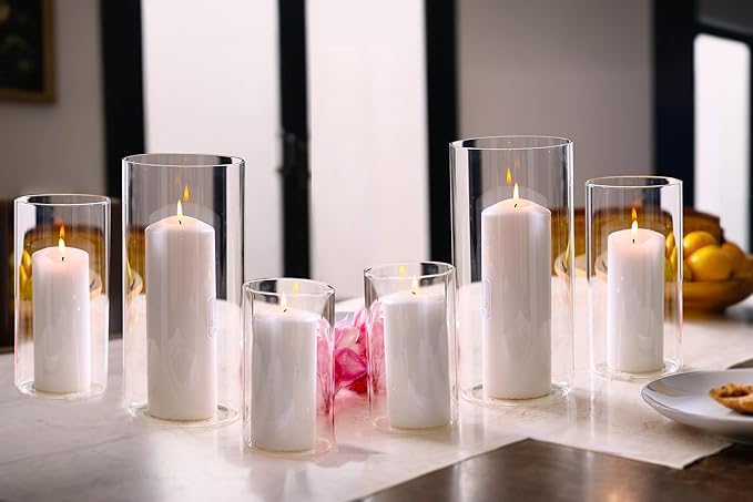 PHOSPHOR Hurricane Candle HoldersFor Pillar Candle Clear Glass Cylinder Centerpieces Vases Table Decoration Centerpiece Floral Room Decor Clear Seeded Bubbles Living Dining Kitchen 6 Pieces