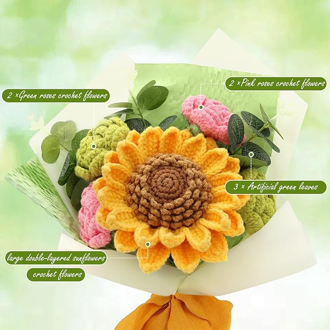 Crochet Flowers,Finished Bouquet Crocheted Cotton Thread Flowers, Handmade Crochet Rose Tulip Fern Leaf as a Gift for Lover, Friends. Artificial Flower (Brown&Green)
