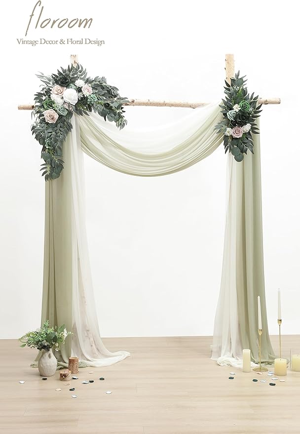 Floroom Arch Flowers with Drapes Kit (Pack of 4) - 2pcs Artificial Emerald & Sage Green Floral Swag Arrangement with 2pcs Draping Fabric for Wedding Ceremony Arbor and Reception Backdrop Decoration