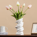 White Ceramic Vase with Spiral Wave Texture - 10" Unique Flower Vase for Pampas Grass & Centerpieces, Decorative Boho/Farmhouse Vase for Living Room, Office Desk & Housewarming Gift (for Her/Yourself)