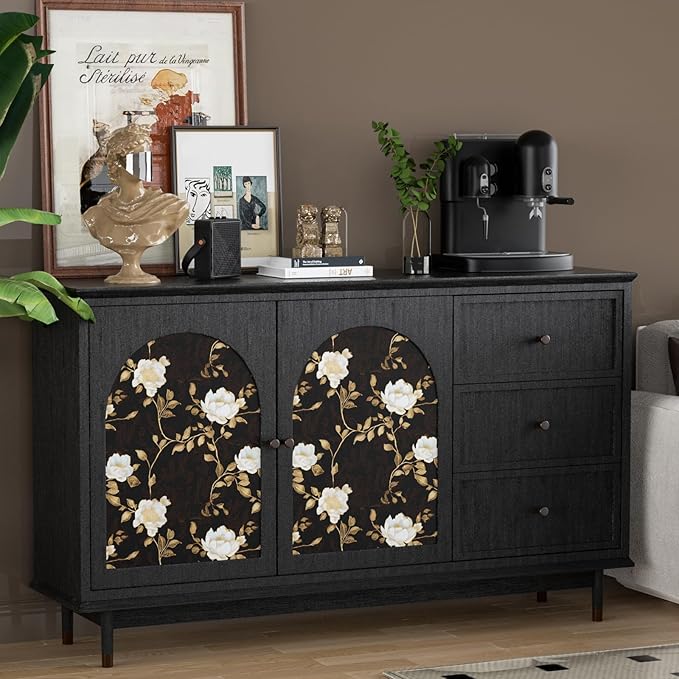 Black Golden Floral Peel and Stick Wallpaper Flowers Contact Paper 17.5" x 393" Self Adhesive Waterproof Vintage Dark Floral Wall Paper for Shelf Liner Cabinet Decor
