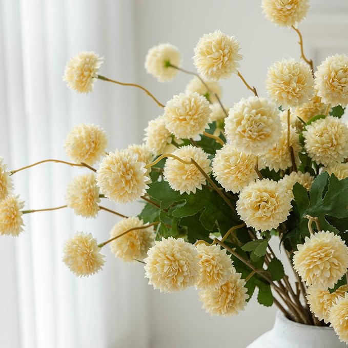 mizii 6Pcs Yellow Fake Silk Pompon Mum Artificial Flowers Bulk Small Faux Chrysanthemums with Stems Realistic Floral Decorations for Wedding DIY Bouquet Centerpieces Shower Vase Home Decor (Yellow)