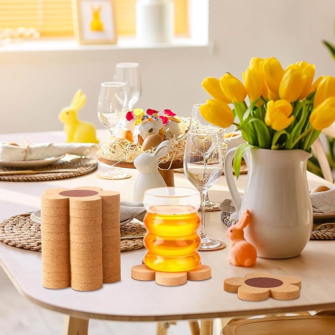 Foaincore 48 Pcs Thick Flower Cork Coasters for Drinks 4 Inch Absorbent Reusable Farmhouse Rustic Wood Drink Coasters for Coffee Wine Mug Desk Glass Table Aesthetic Cute Apartment Decoration