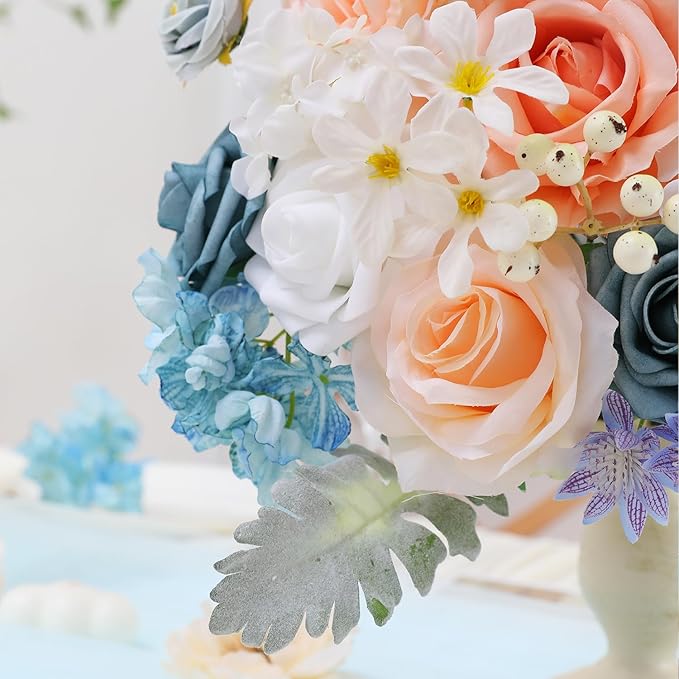 Artificial Flowers Combo for DIY Wedding Bouquets Combo Centerpieces Arrangements Party Bridal Baby Shower Home Decorations-Blue&White