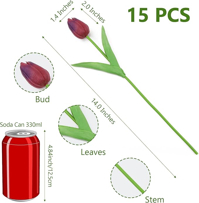 SITUMEIZI 15pcs Tulips Fake Burgundy Artificial Flowers Real Touch 14" Silk Flower for Home Decor Easter Spring Wedding Bouquet Decorations Mother's Gift Day Floral Arrangements