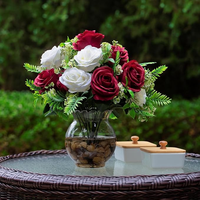 ENOVA FLORAL 18 Heads Silk Rose Artificial Flowers in Vase,Faux Rose Flowers Arrangement in Round Bowl Vase with Faux Water and River Rock for Table Decor Centerpieces (Burgundy Cream)