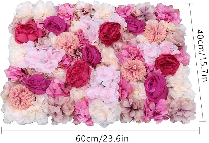 Gdrasuya10 6pcs Realistic Flower Wall Background Artificial Flowers Wall Backdrop Panel 3D Silk Rose Fake Flower Wall Panel Banquet Wedding Party Decor, Photography Background 60 x 40 cm