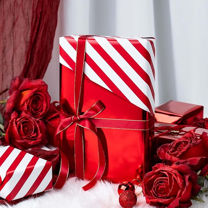 Merture Red Wrapping Paper Roll Reversible - 17 In X 32.8 Ft(46.5 sq.ft.) Metallic Red and Stripe Design Gift Wrap for Christmas, Mothers Day, Wedding, Birthday, Valentines Day, Bridal Shower