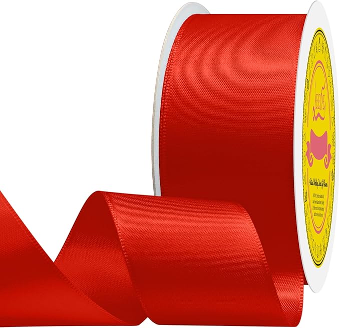 Double Face Red Satin Ribbon 1-1/2 inch X 25 Yards Polyester Red Ribbon for Gift Wrapping Very Suitable for Weddings Party Hair Bow Invitation Decorations and More