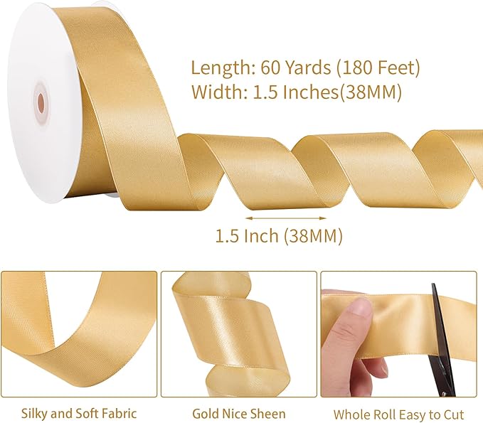 Gold Ribbon 1-1/2 Inch 60 Yards Gold Satin Christmas Ribbon Gift Bows for Gift Wrapping Floral Flower Bouquet Wedding Party Holiday Christmas Decorations