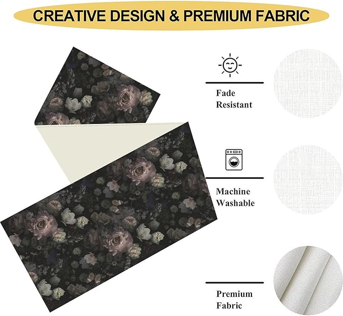 Gothic Floral Table Runner, Vintage Garden Flower Black Witchy Farmhouse Coffee Table Center Decor for Home Kitchen Dining Patio Holiday Party Table Decorations 13x72 inches