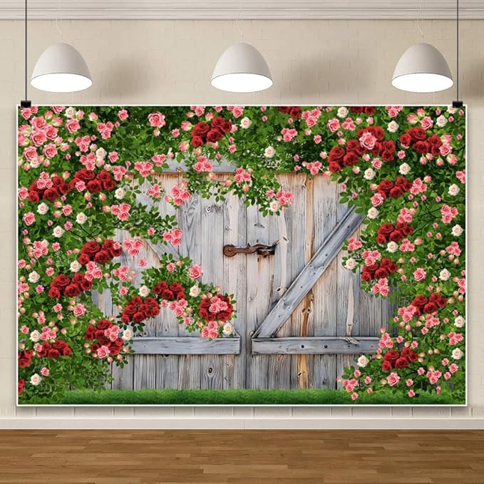 AOFOTO Barn Door Rose Backdrop Rustic Red Pink Beige Flowers Background Romantic Phtography Banner for Anniversary Wedding Decor Photo Studio Photobooth Props 7x5ft