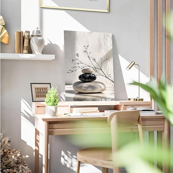 Gray and black stone pile and dried flowers poster canvas wall art in harmony Minimalist wall art for tranquil homes and mindful spaces 20x30in Wood Framed