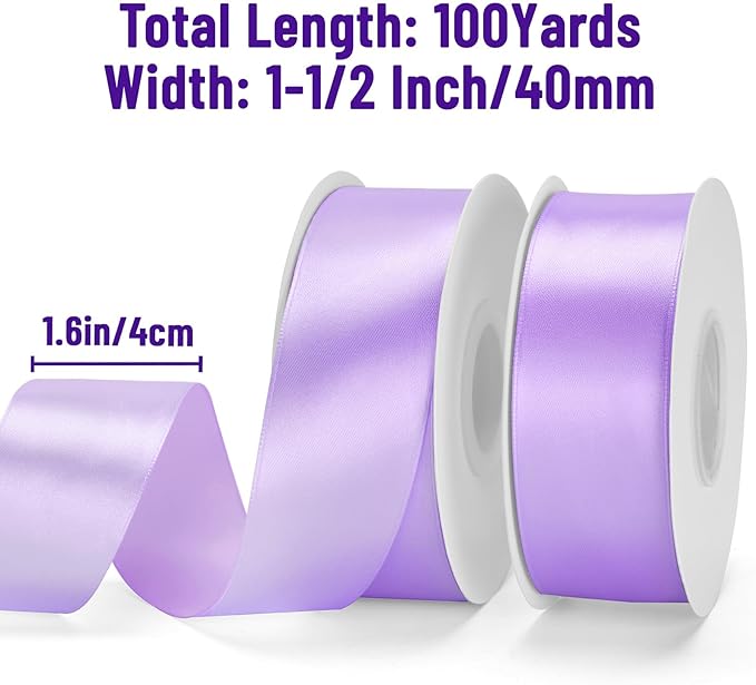 KINGLAKE Lavender Satin Ribbon – 1 1/2'' x 100 Yards Polyester Light Purple Satin Ribbon for Gift Wrapping, Wedding & Party Decoration, DIY Crafts, Floral Bouquets, Wreath Bows