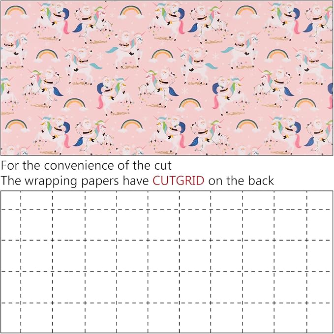 MAYPLUSS Christmas Wrapping Paper Roll - 17 Inch X 33 Feet - Fairytale Christmas Baby Pink Unicorn, Snow, Santa Claus, Rainbow Design Girl Holiday Winter Gift Wrap for Baby Shower, Party & Wedding