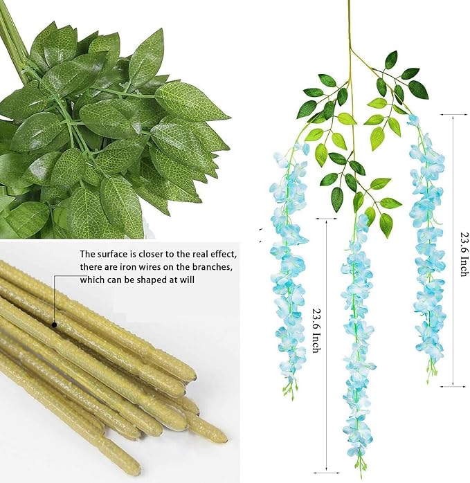 Artificial Wisteria Hanging Flowers-Fake Wisteria Flower Garland Silk Vines Rattan Decor for Home Wedding Arch Wall Garden Greenery Bedroom Outdoor Office Party Decoration(24, Blue)