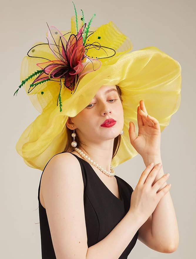 Organza Derby Hats for Women Wide Brim Fascinator Hat Rose Flower Wedding Tea Party Hat