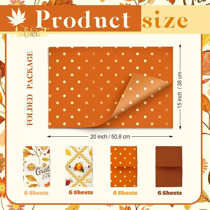 Aobkiat Fall Thanksgiving Tissue Paper for Gift Bags,24 Sheets Pumpkin Maple Leaf Design Paper,Orange Wrapping Craft Paper for DIY, Autumn Harvest Present Packaging,15 x 20 Inch