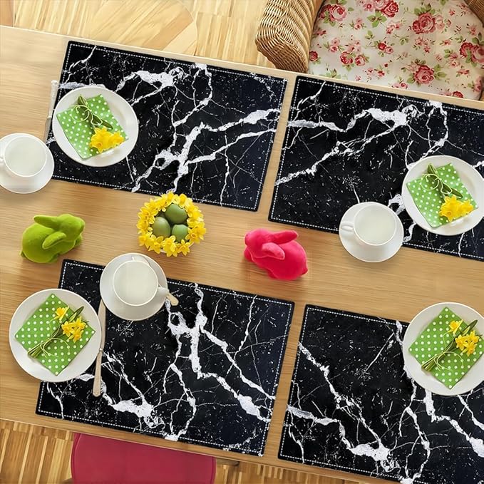 Black Marble Placemats Set of 6, Abstract Place Mats Washable Double-Sided Table Mats for Kitchen Dining Room Home Party Indoor Decor 6 PCS 12x18 Inch