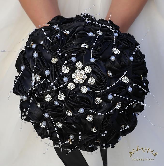 Bridal Wedding Bouquet Round Bling Brooch Bouquet Throw Toss Artificial Rose Flower Bunch for Bride Bridesmaid Wedding Quinceanera(Black, 8.7")