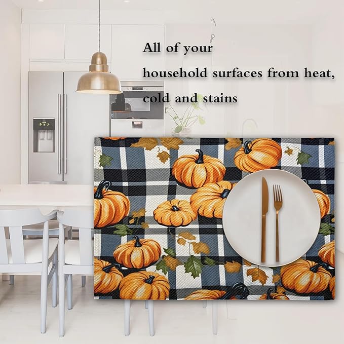 Halloween Pumpkin Placemats Set of 6, Washable Linen Place Mats, Black Buffalo Plaid Table Mats for Kitchen Dining Table Decor Heat Resistant Tablemats 12x18