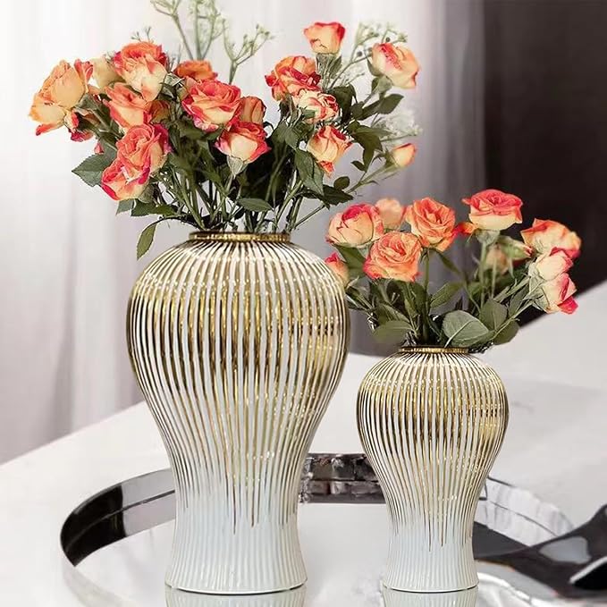 Ginger Jar, White Gold Ceramic Vase Large Handmade Porcelain Vases with Lid, White Gold Decorative Flower Vase for Home, Living Room, Weddings, Centerpieces (B-Medium)