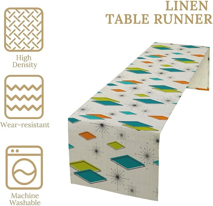 Mid Century Table Runner, Modern Atomic Pattern Absctract Geometric Retro Dinner Runner for Home Kitchen Dining Table Decoration, 13x36 Inch