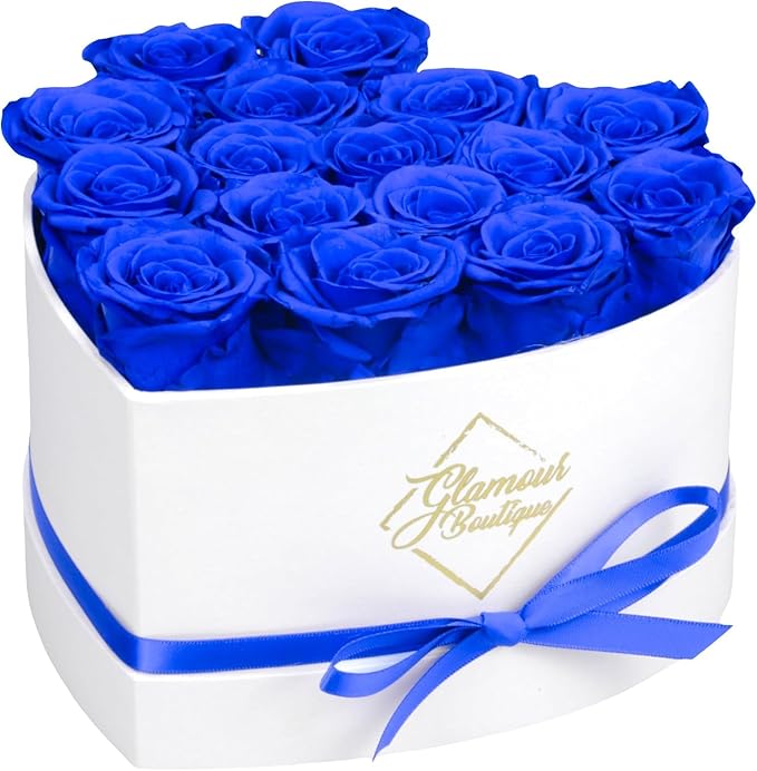 GLAMOUR BOUTIQUE Preserved Roses in a Box - Gifts for Her, Wife & Mom, Rose Flowers Forever Decor for Birthday Gift, Get Well Flower Bouquet Cased in White Box with Cover - Blue - 16-Piece