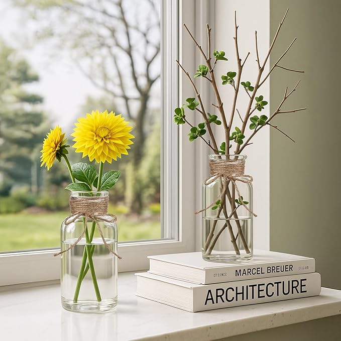 Vintage Glass Flower Vase Bulk 16 Pack Farmhouse Transparent Centerpiece Vases with Hemp Rope Mason Jars for Weddings Parties Dining Table Home Decor（Medium）