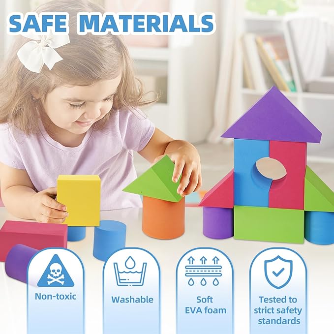Large Building Foam Blocks for Toddlers, EVA Stacking Foam Building Blocks Toy Set, Non-Toxic, Washable, Early Learning Construction Toys & Gifts for Kids Boys & Girls (Blue, Pieces, 30)