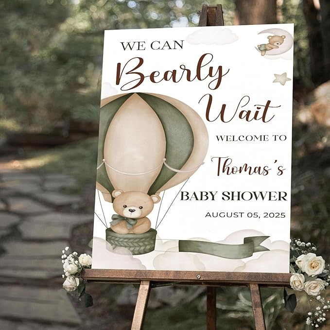 Personalized Baby Shower Welcome Sign For Outdoor, Custom Hot Air Balloon Baby Shower Yard Sign, We Can Bearly Wait Baby's Decorations Sign, Hot Air Balloon Sign For Boy Girl