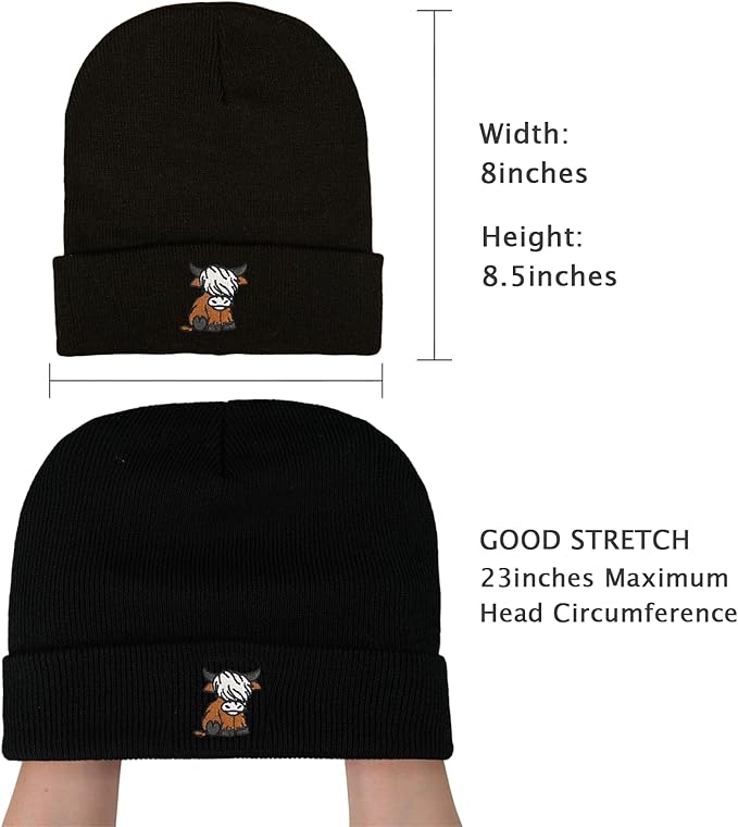 Scottish Highland Cow Beanie Hat, Cute Funny Cow Embroidery Winter Knit Skull Cap for Adult Men Women