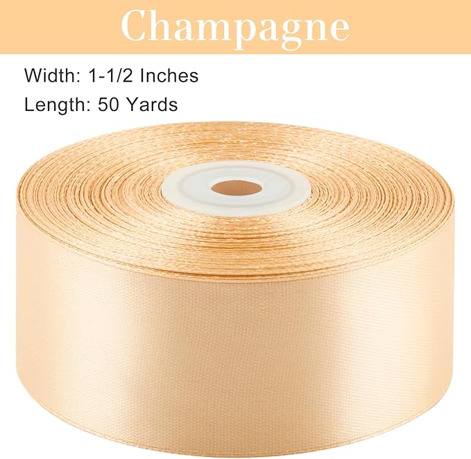1-1/2 Inches 50 Yards Champagne Satin Ribbon, Solid Fabric Ribbon Roll for Flower Bouquets, Gift Wrapping, Wedding, Handmade Crafts