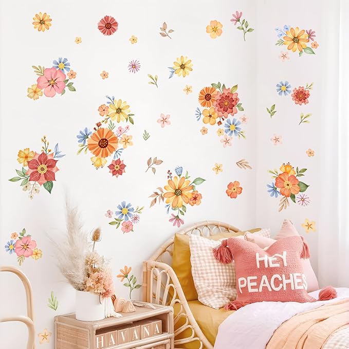 Tanlaby Boho Daisy Flowers Wall Stickers Watercolor Floral Wall Decals Peel and Stick Bohemian Wildflowers Art Decor for Girls Bedroom Living Room Wardrobe