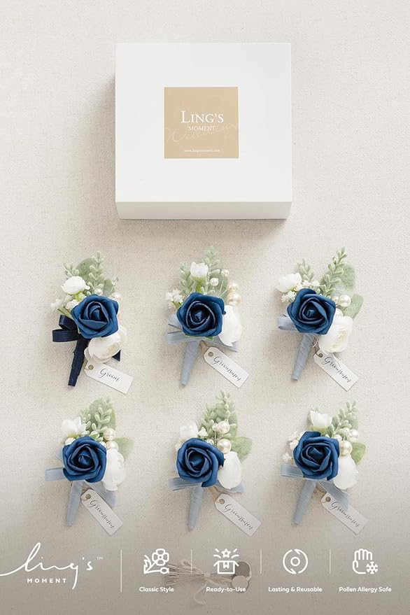 Ling's moment Boutonniere for Men, 6pcs Groom Groomsmen Boutonniere, Artificial Flowers for Wedding Decor/Prom/Homecoming, etc.Navy Blue Dark Blue