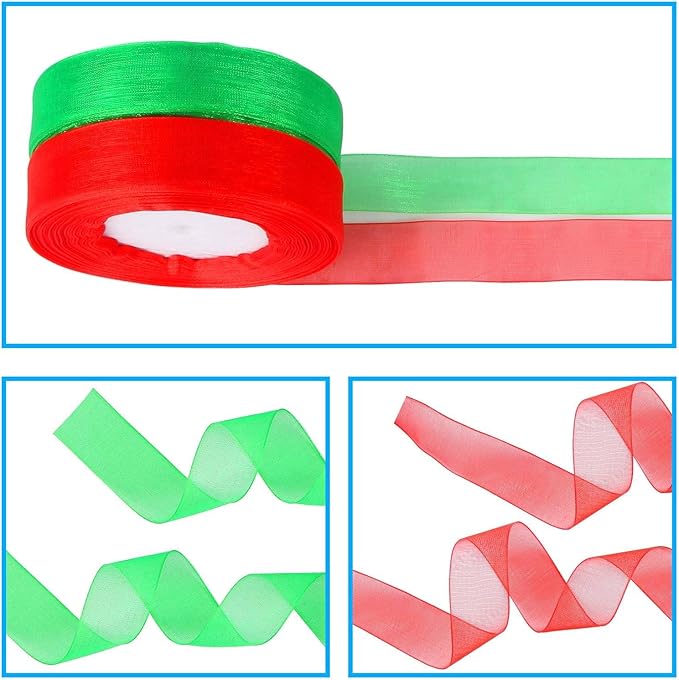 DECYOOL 4 Rolls 150 Yards Christmas Ribbons Metallic Glitter Fabric Organza Holiday Festival Ribbons 4/5" Wide for Gift Wrapping Decoration