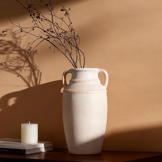 Beige Ceramic Vase with Handles, 10.5 Inch Boho Modern Aesthetic Textured Table Vases for Anthropologie Home Decor Centerpieces (Cream Beige White)