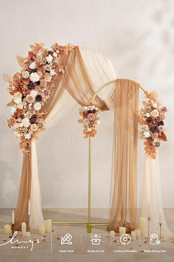 Ling's moment Wedding Arch Backdrop Stand with Flowers - 7.2FT, 6FT Set of 2 Metal Arch Frame with Drapes for Ceremony Decorations - Artificial Floral for Birthday Party, Baby Shower, Rust Boho