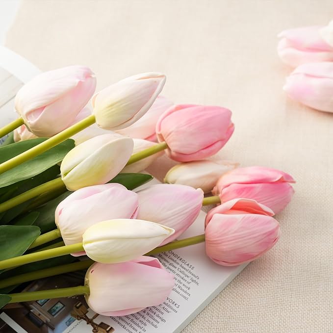 Real Touch Artificial Tulips, 20pcs Fake Tulip Flower Stem, PU Faux Tulip 19.7” for Mother's Day Easter Valentine's Gift, Home Decor Wedding, Table Centerpiece, Floral Arrangement, Light Pink