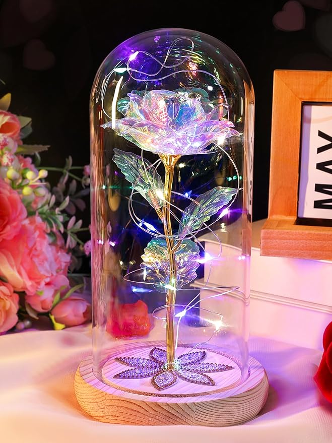 Mothers Day Flowers Gifts for Mom, Birthday Gifts for Women, Galaxy Glass Rose Gifts for Grandma Wife Daughter Artificial Forever Preserved Flowers for Delivery Prime Rose in Glass Dome, Colorful
