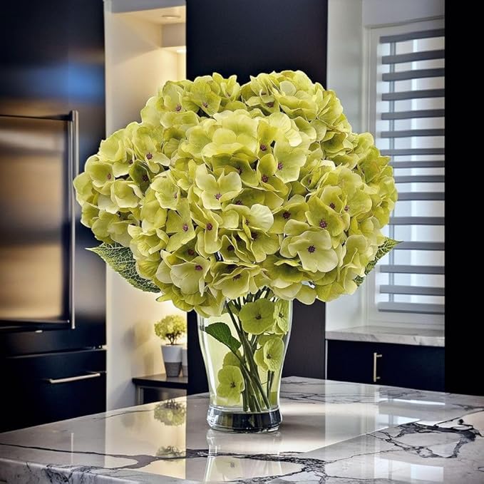 2Bouquets Artificial Fake Flowers Plants Silk Hydrangea Arrangements Wedding Bouquets Decorations Plastic Floral Home Kitchen Garden Party Festival Bar DIY(Chartreuse,5 Flower Heads)