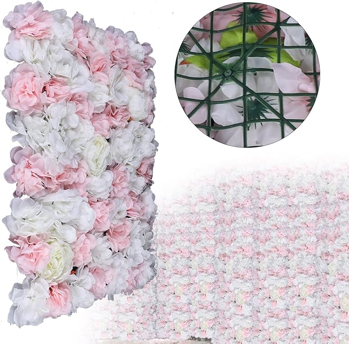 12 PCS Artificial Flower Wall Panels 24" x 16" Decorative Hydrangea and Rose Flower Backdrop Panels Wedding Party Event Decoration Photo Backdrop Decor (12 PCS, Pink + White)